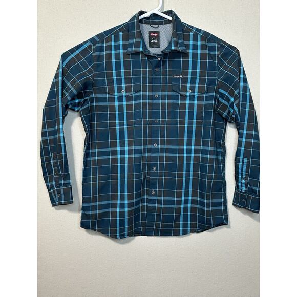 Wrangler Shirt Mens L Button Up Long Sleeve Regular Fit Blue/Brown Back Vented - Picture 1 of 11